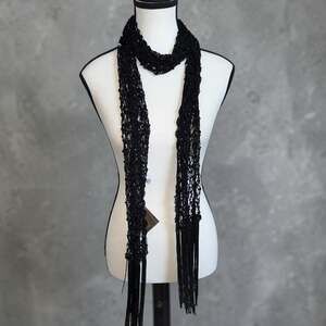 American Glamour Badgley Mischka Black Sequin Crochet Fringe Scarf Style #BM9166